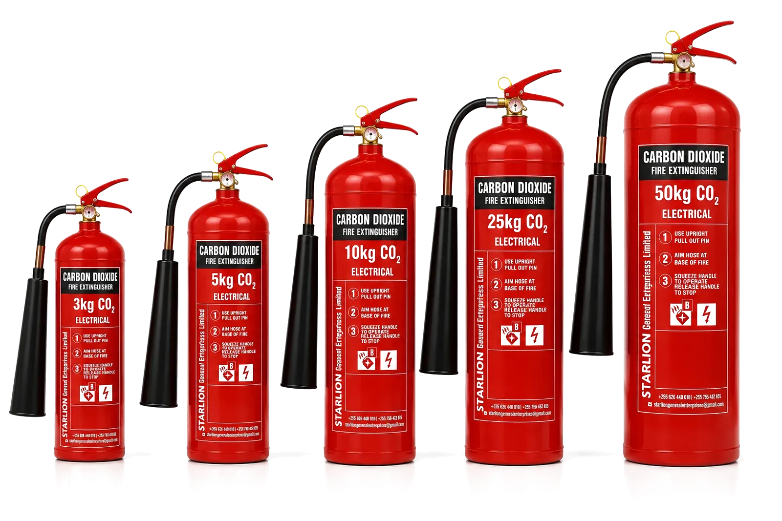 STARLION carbon dioxide fire extinguishers in 3, 5, 10, 25 and 50 kg capacities, shown side by side in ascending size on a white studio background.