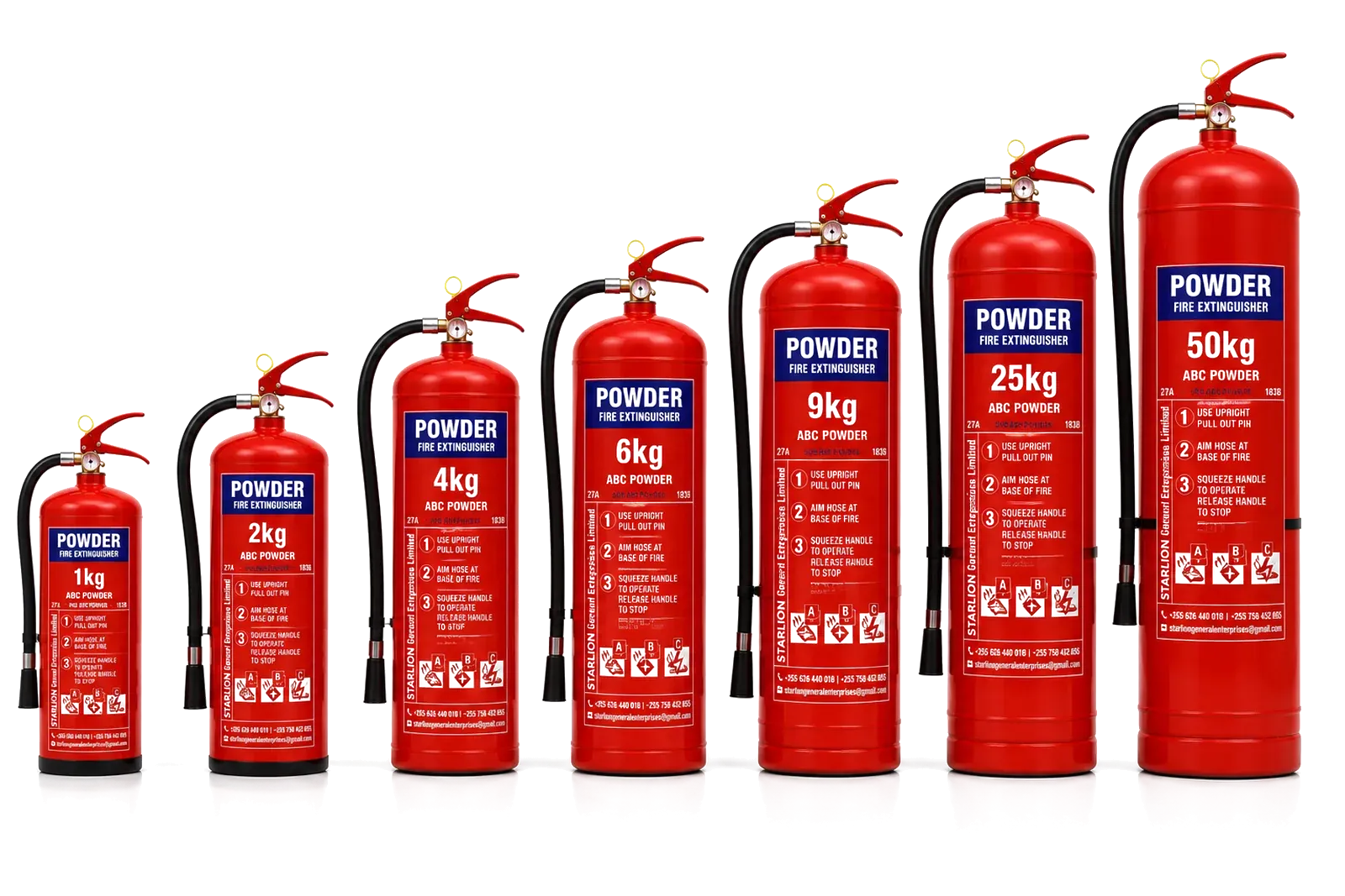 STARLION dry chemical powder fire extinguishers in 1, 2, 4, 6, 9, 25 and 50 kg capacities, shown side by side in ascending size on a white studio background.