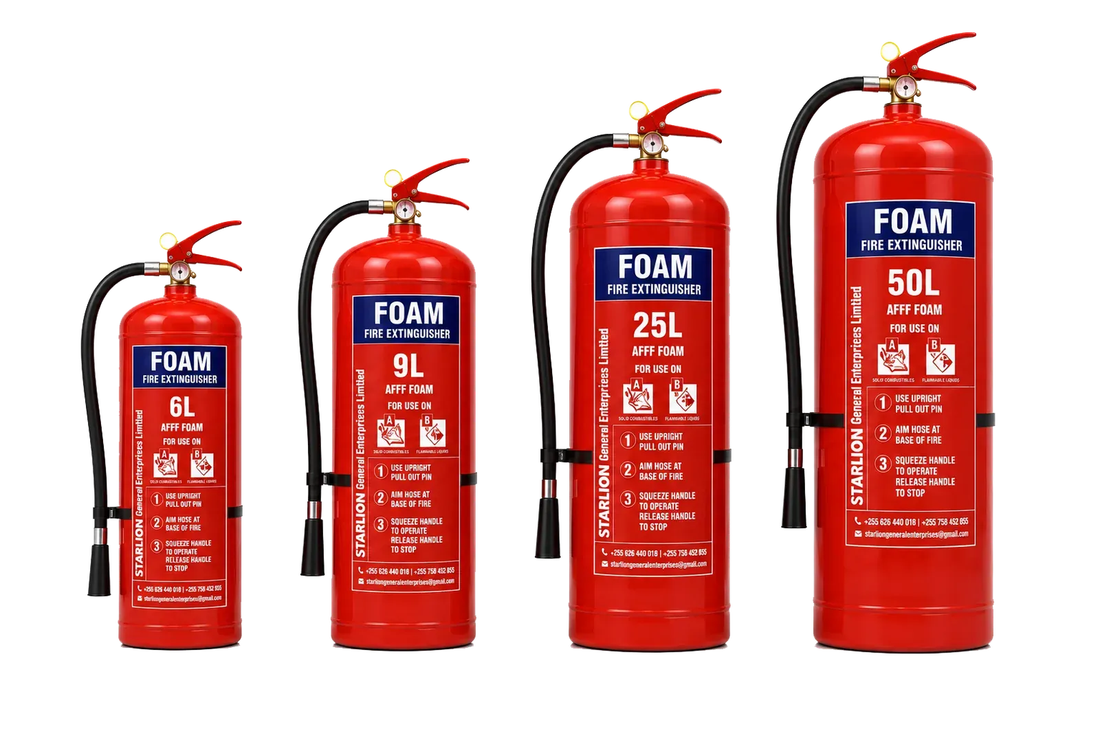 STARLION AFFF foam fire extinguishers in 6, 9, 25 and 50 litre capacities, shown side by side in ascending size on a transparent background.