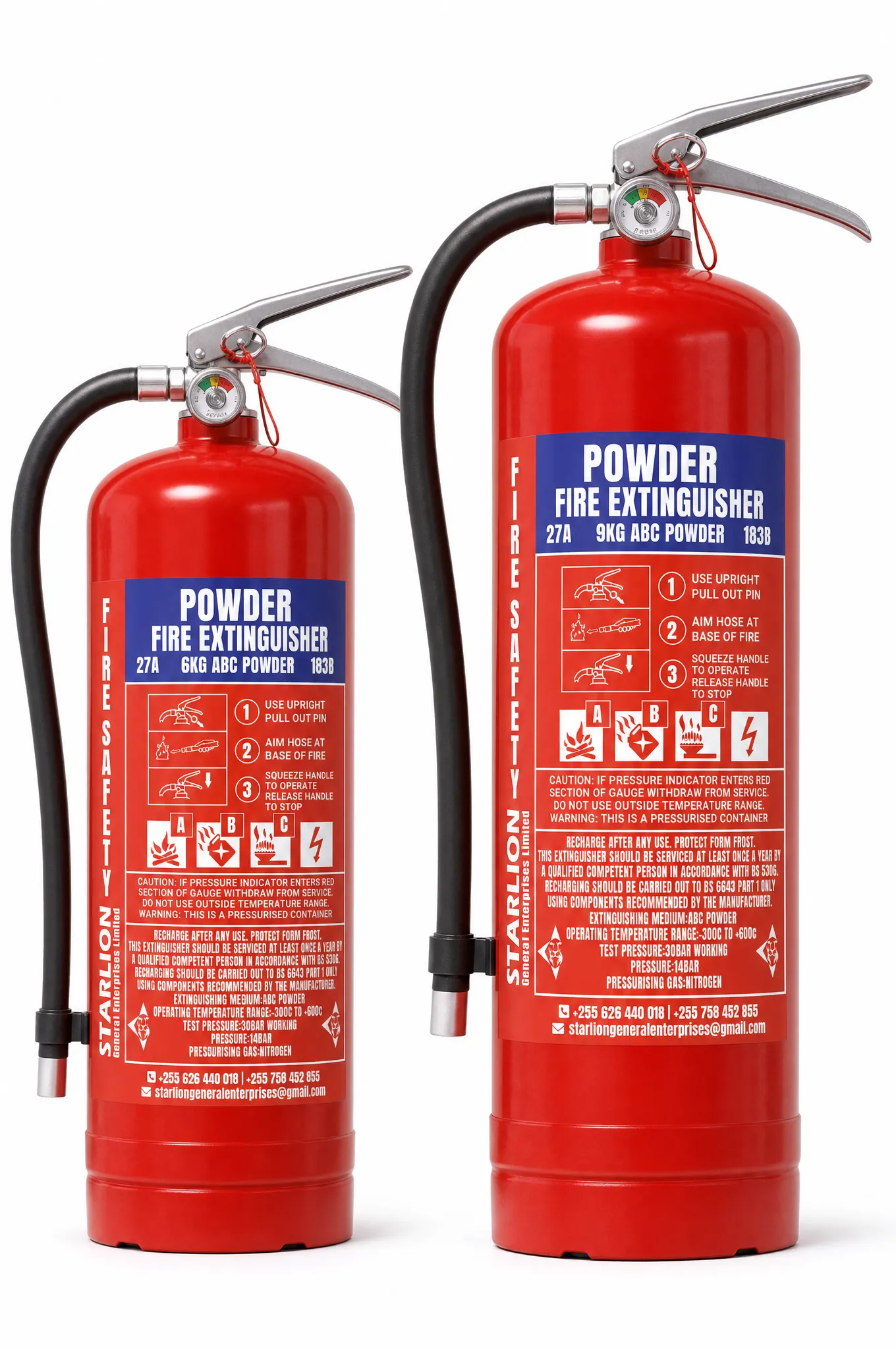 STARLION 6KG and 9KG ABC dry powder fire extinguishers shown side by side.